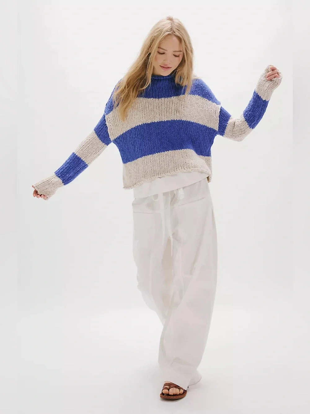 NWT FREE PEOPLE Opal Rollneck Knit Stripe Sweater | Cobalt Combo MSRP $128 M